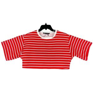 ZARA Shirt‎ Womens Large Red Striped Cropped Stretch Short Sleeved Cotton Blend